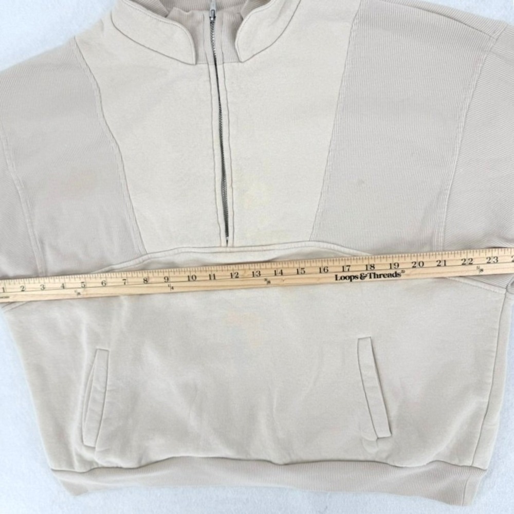 Quarter Zip Paneled Fleece Sweatshirt Mock Neck Oversized Beige Cream Women - Picture 6 of 11